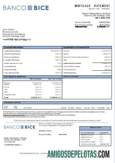 Declaração de hipoteca do Chile Banco Bice Bank Scr exemplo real
